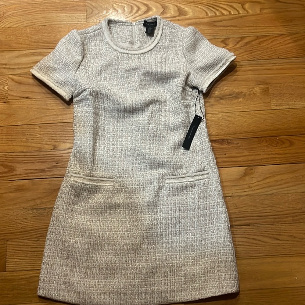 Tahari white tweed sheef mini dress with shimmery threads.